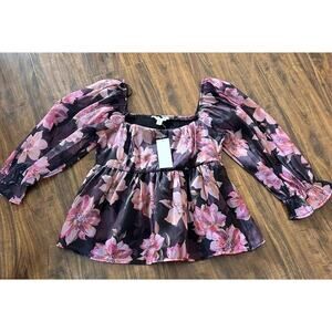 Thirty Thirty Women’s Floral Top Lined 3/4 Sleeve Smocked Peplum Taffeta Medium